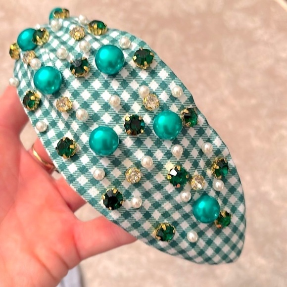 Brand New St. Patrick Day Set Green Beaded Gingham Headband Disney Socks Hoops
